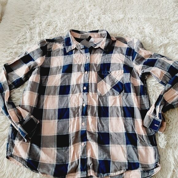Divided plaid pink blue sz medium button front flannel top - Picture 1 of 5